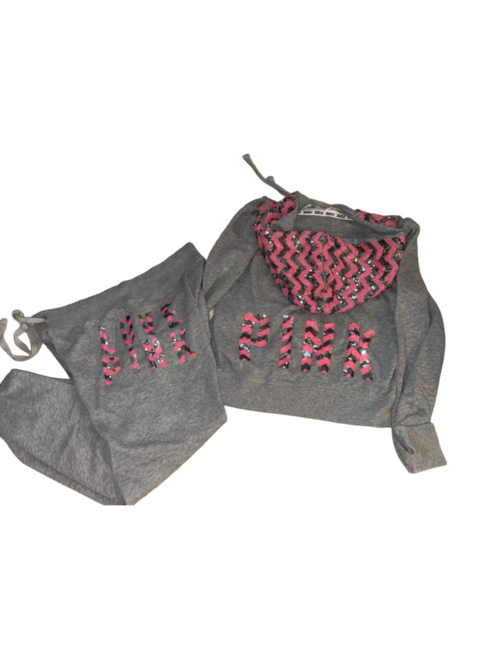 Victoria’s Secret PINK Gray Sequin Bling Set | Full Zip Hoodie + Sweatpants | Si